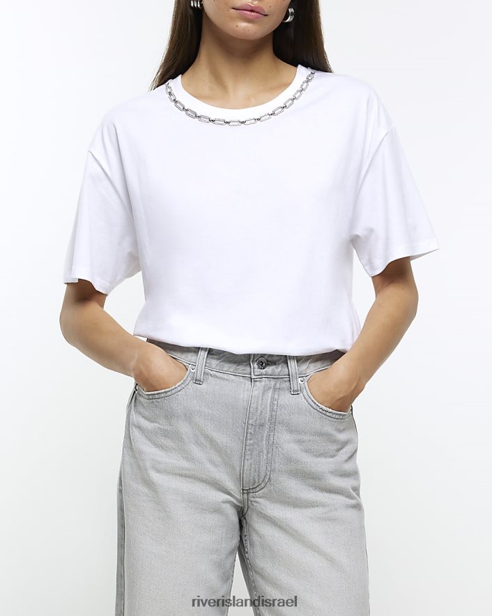 לבוש River Island חולצת טריקו של שרשרת לבן נשים BDZ4084228