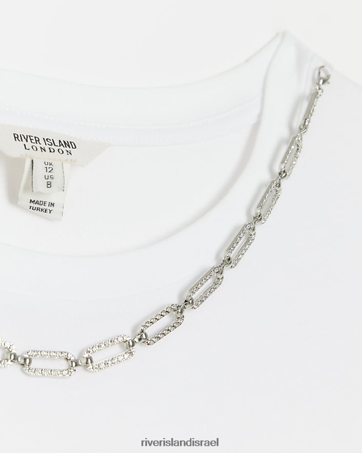 לבוש River Island חולצת טריקו של שרשרת לבן נשים BDZ4084228