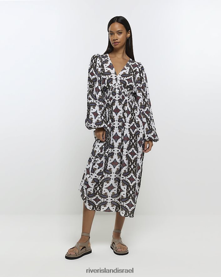 לבוש River Island שמלת מידי עם שרוולים נפוחים של פייזלי קרם נשים BDZ4084229