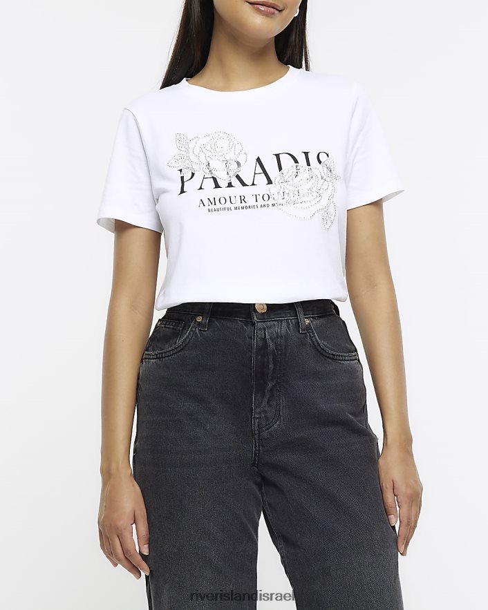 לבוש River Island חולצת טריקו מעוטרת בגרפיקה לבן נשים BDZ4084246