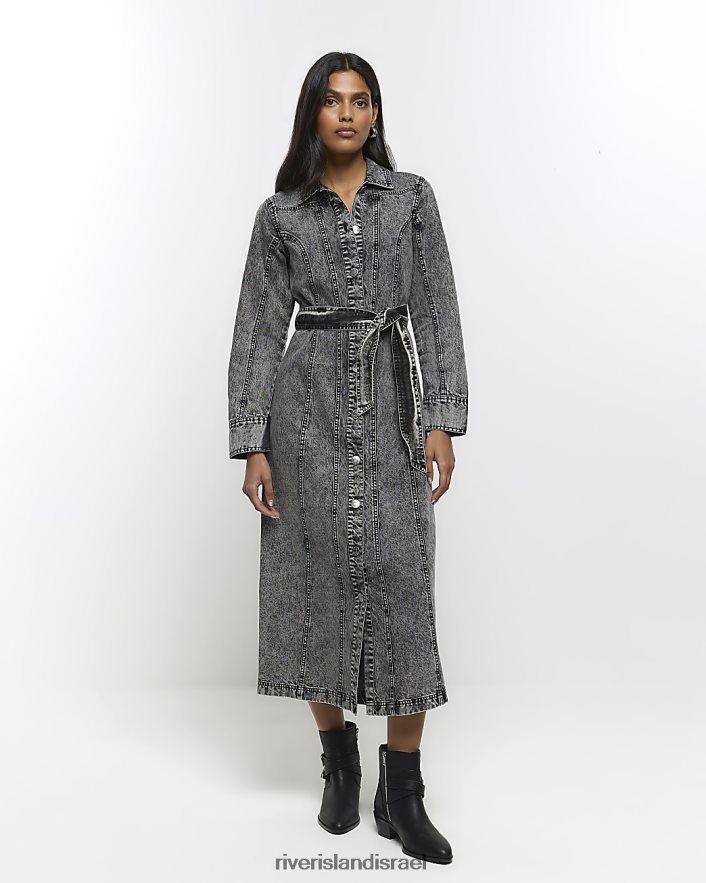 לבוש River Island שמלת חולצת מידי בחגורת ג'ינס אפור נשים BDZ4084257