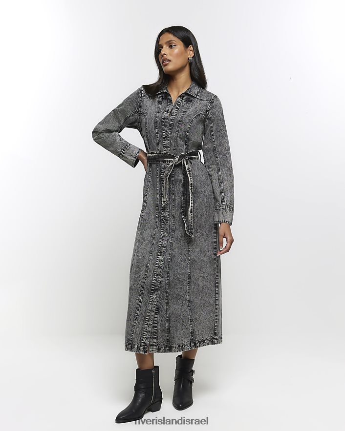 לבוש River Island שמלת חולצת מידי בחגורת ג'ינס אפור נשים BDZ4084257