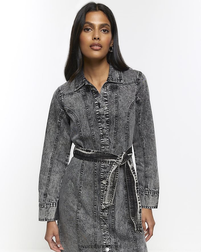 לבוש River Island שמלת חולצת מידי בחגורת ג'ינס אפור נשים BDZ4084257