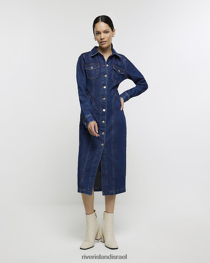 לבוש River Island שמלת חולצת מידי ג'ינס כְּחוֹל נשים BDZ4084258