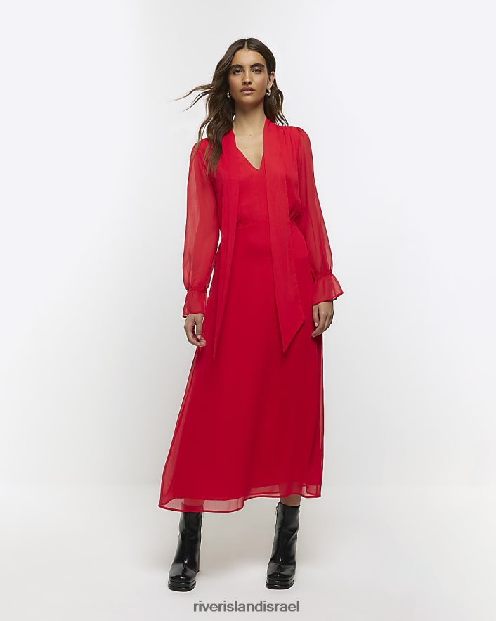 לבוש River Island שמלת מידי נדנדה קדמית עם קשירת שיפון אָדוֹם נשים BDZ4084295