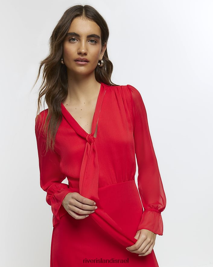 לבוש River Island שמלת מידי נדנדה קדמית עם קשירת שיפון אָדוֹם נשים BDZ4084295