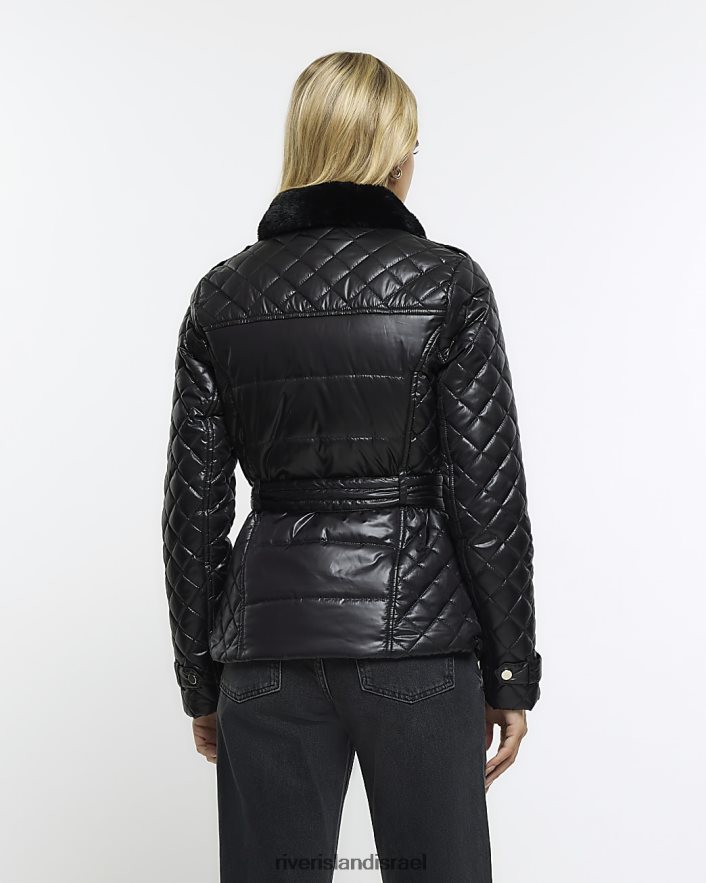לבוש River Island ז'קט מרופד עם חגורה שָׁחוֹר נשים BDZ4084298