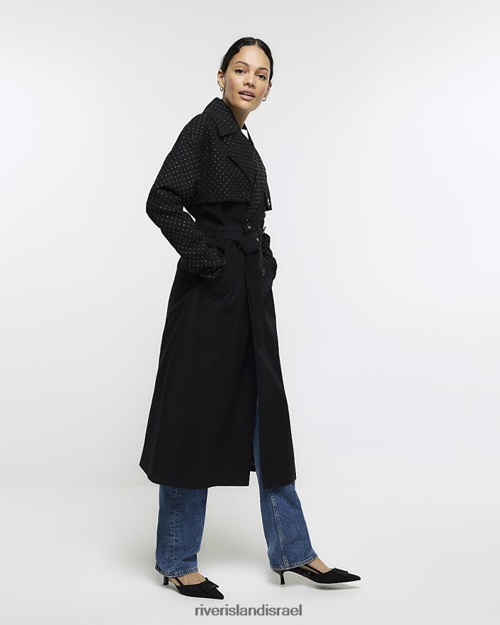 לבוש River Island מעיל טרנץ' משובץ קו ארוך שָׁחוֹר נשים BDZ4084307