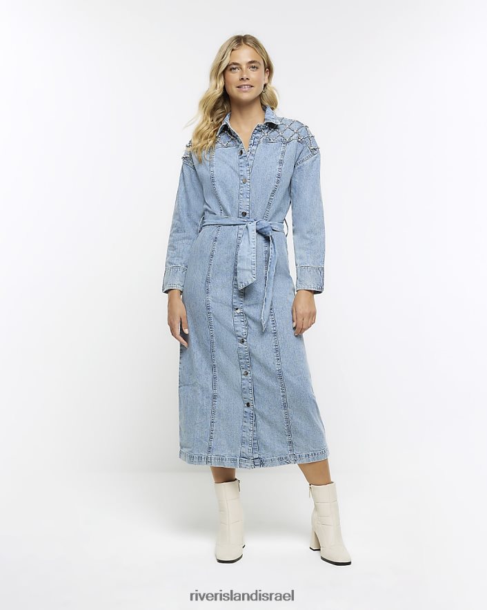 לבוש River Island שמלת חולצת מידי מעוטרת ג'ינס כְּחוֹל נשים BDZ4084310