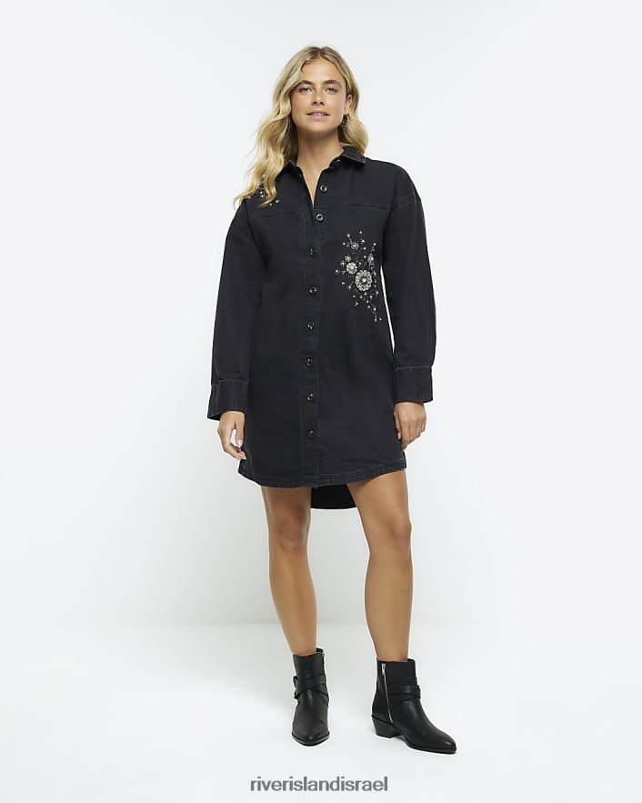 לבוש River Island שמלת מיני חולצה מעוטרת בג'ינס שָׁחוֹר נשים BDZ4084322