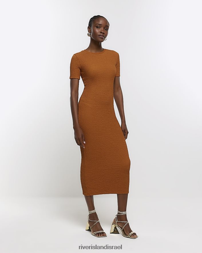 לבוש River Island שמלת שרוולים קצרים עם מרקם חום נשים BDZ4084343