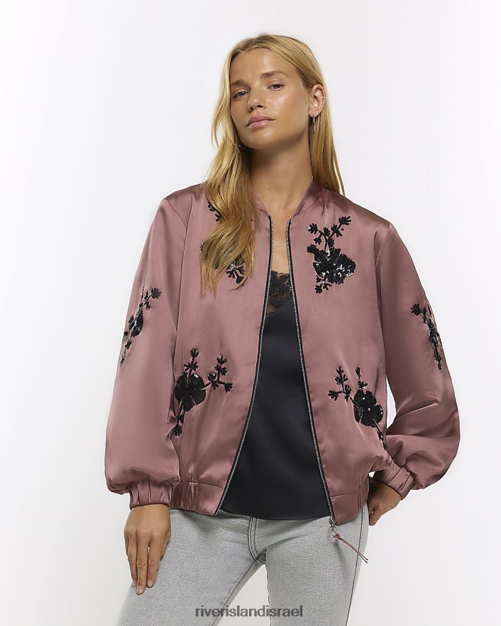 לבוש River Island מעיל בומבר מעוטר סאטן וָרוֹד נשים BDZ4084349