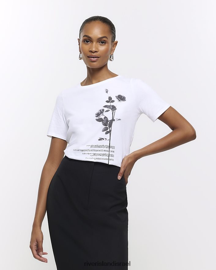 לבוש River Island חולצת טריקו גרפית פרחונית לבן נשים BDZ4084351