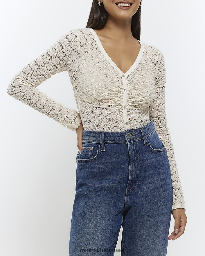 לבוש River Island בגד גוף עם שרוול ארוך תחרה קרם נשים BDZ4084362