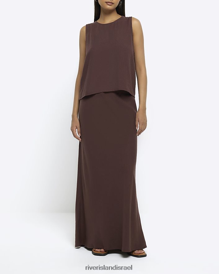 לבוש River Island חצאית מקסי מוטה עם פשתן חום נשים BDZ4084382