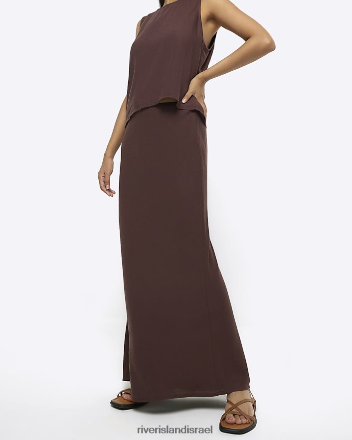 לבוש River Island חצאית מקסי מוטה עם פשתן חום נשים BDZ4084382