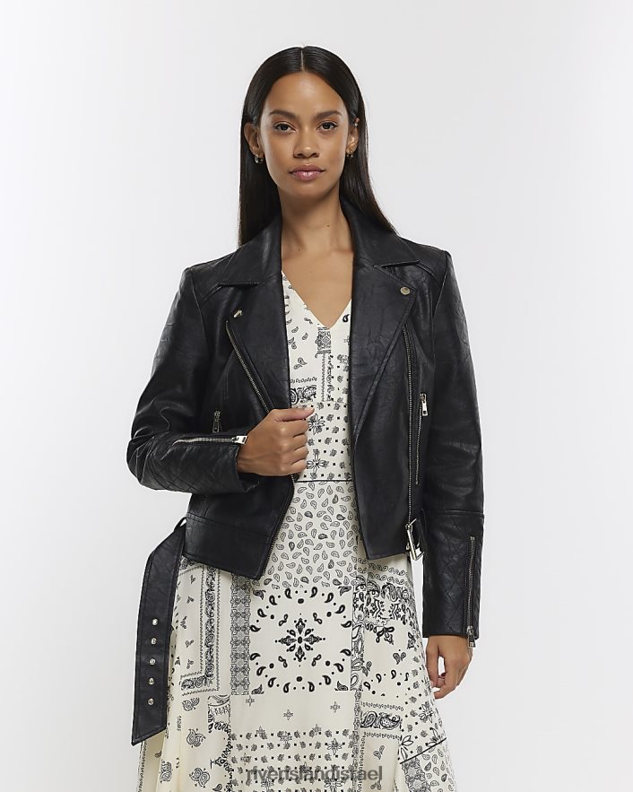 לבוש River Island מעיל אופנוענים חגורה שָׁחוֹר נשים BDZ4084385