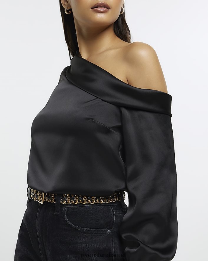 לבוש River Island חולצת סאטן מחוץ לכתף שָׁחוֹר נשים BDZ4084386