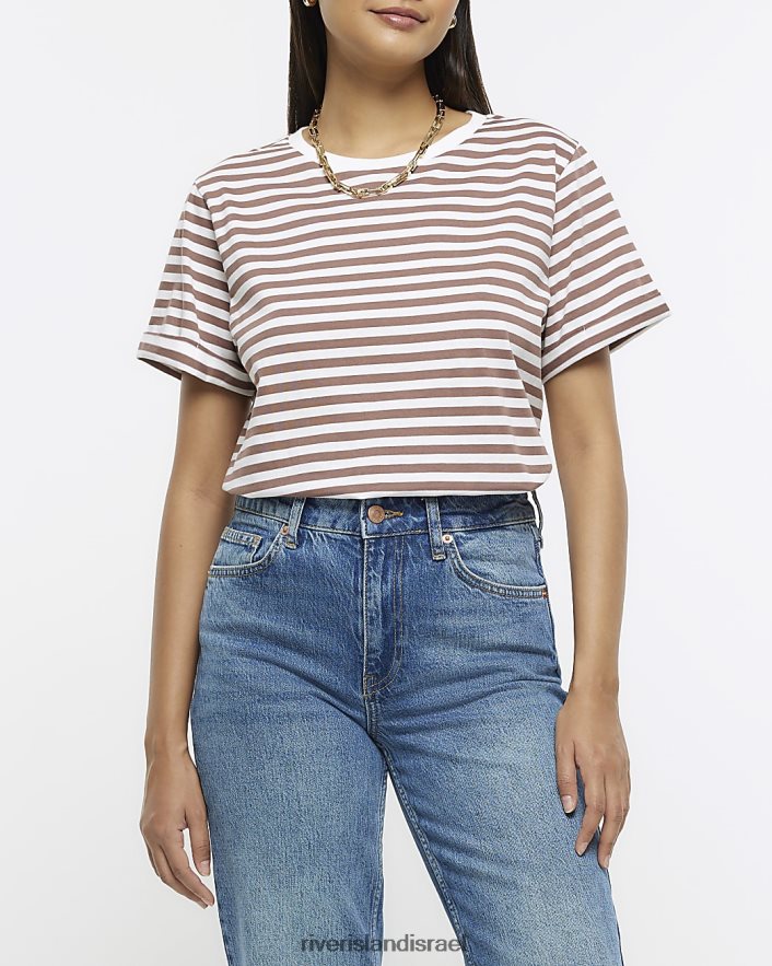 לבוש River Island חולצת טריקו פסים חום נשים BDZ4084396