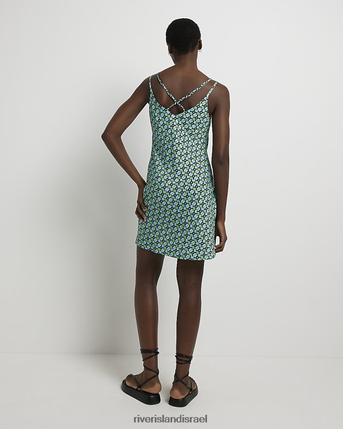 לבוש River Island שמלת מיני סליפ סאטן בהדפסה ירוק נשים BDZ408440