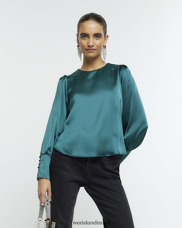 לבוש River Island חולצת סאטן עם שרוולים ארוכים ירוק נשים BDZ408442