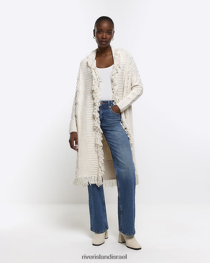 לבוש River Island קרדיגן שוליים ארוך עם פרט פנינה קרם נשים BDZ4084423