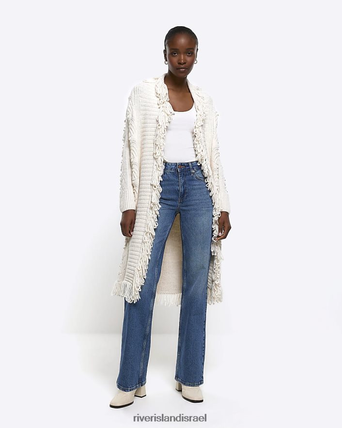 לבוש River Island קרדיגן שוליים ארוך עם פרט פנינה קרם נשים BDZ4084423