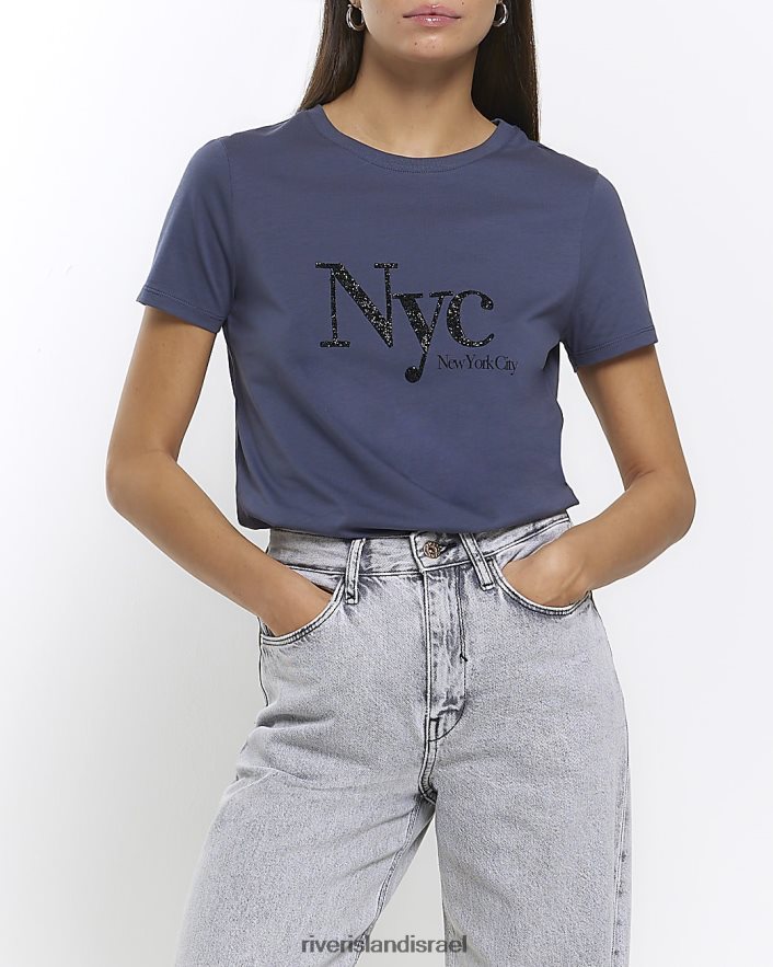 לבוש River Island חולצת טריקו גרפית מעוטרת חיל הים נשים BDZ4084436
