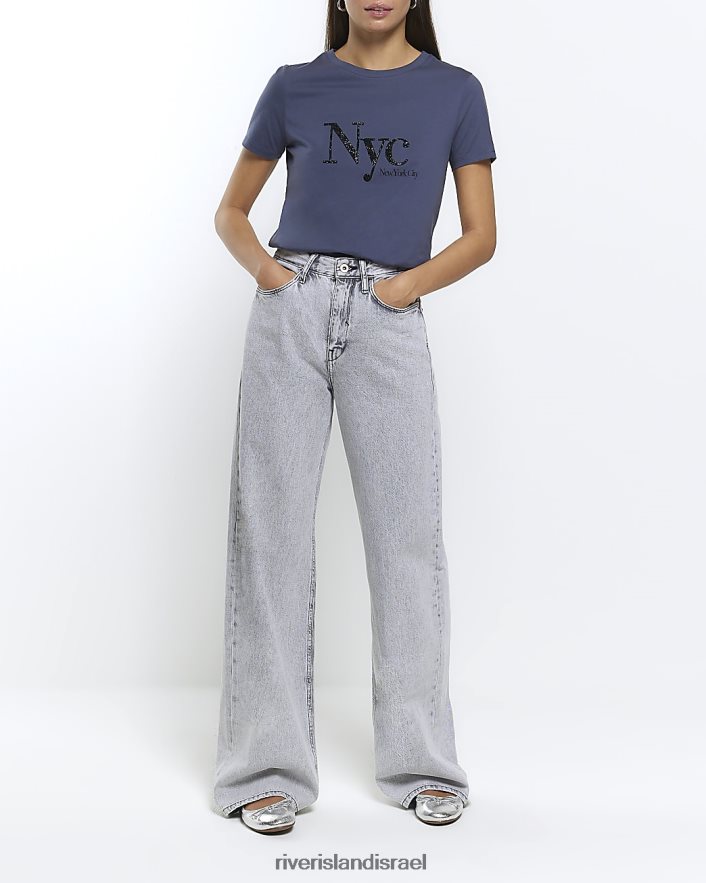 לבוש River Island חולצת טריקו גרפית מעוטרת חיל הים נשים BDZ4084436