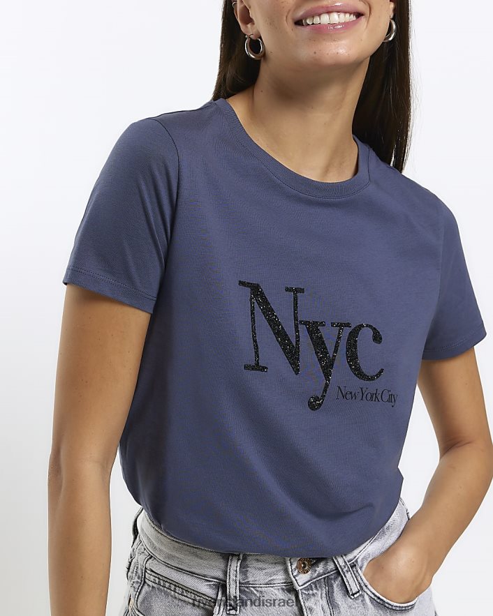 לבוש River Island חולצת טריקו גרפית מעוטרת חיל הים נשים BDZ4084436