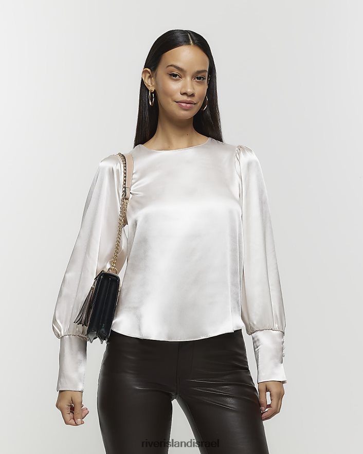 לבוש River Island חולצת סאטן עם שרוולים ארוכים בז' נשים BDZ408444