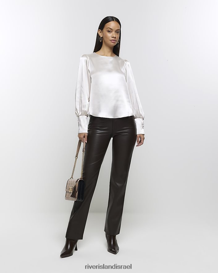 לבוש River Island חולצת סאטן עם שרוולים ארוכים בז' נשים BDZ408444