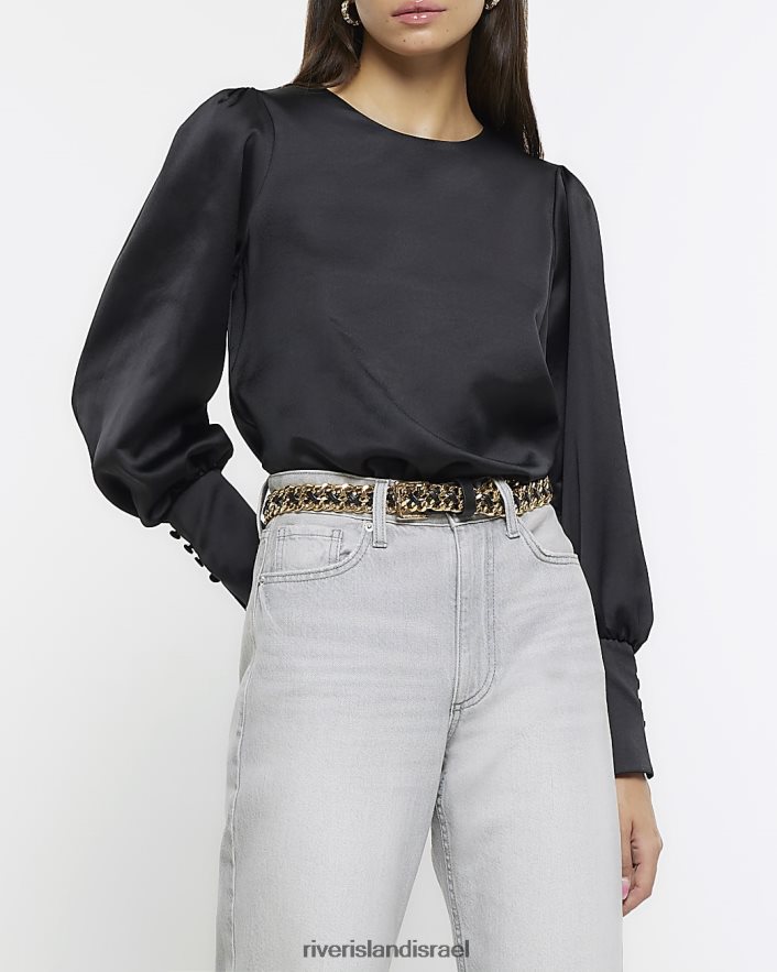 לבוש River Island חולצת סאטן עם שרוולים ארוכים שָׁחוֹר נשים BDZ408446