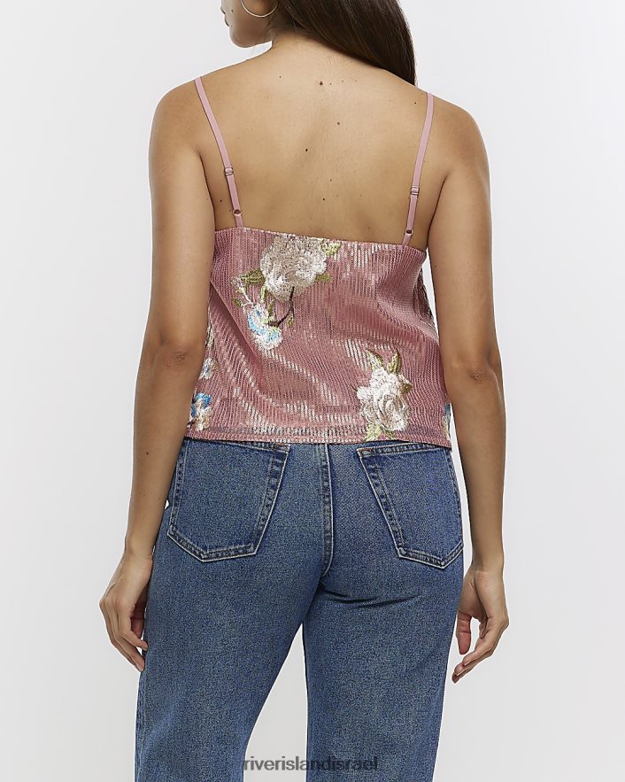 לבוש River Island חלק עליון קמי רקום עם פאייטים וָרוֹד נשים BDZ4084474