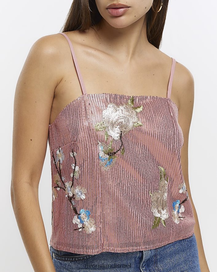 לבוש River Island חלק עליון קמי רקום עם פאייטים וָרוֹד נשים BDZ4084474