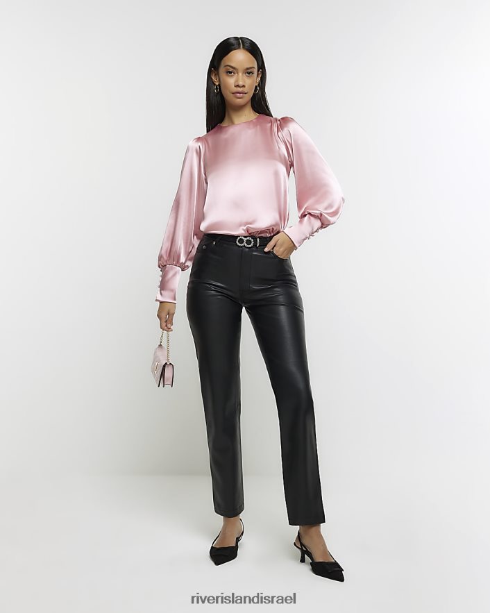 לבוש River Island חולצת סאטן עם שרוולים ארוכים וָרוֹד נשים BDZ408447