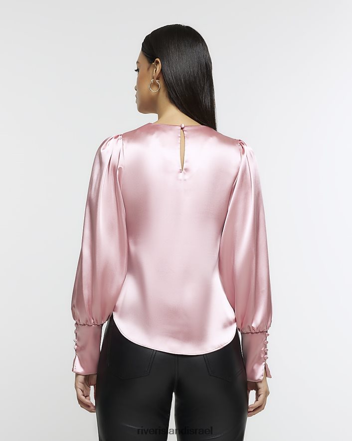 לבוש River Island חולצת סאטן עם שרוולים ארוכים וָרוֹד נשים BDZ408447