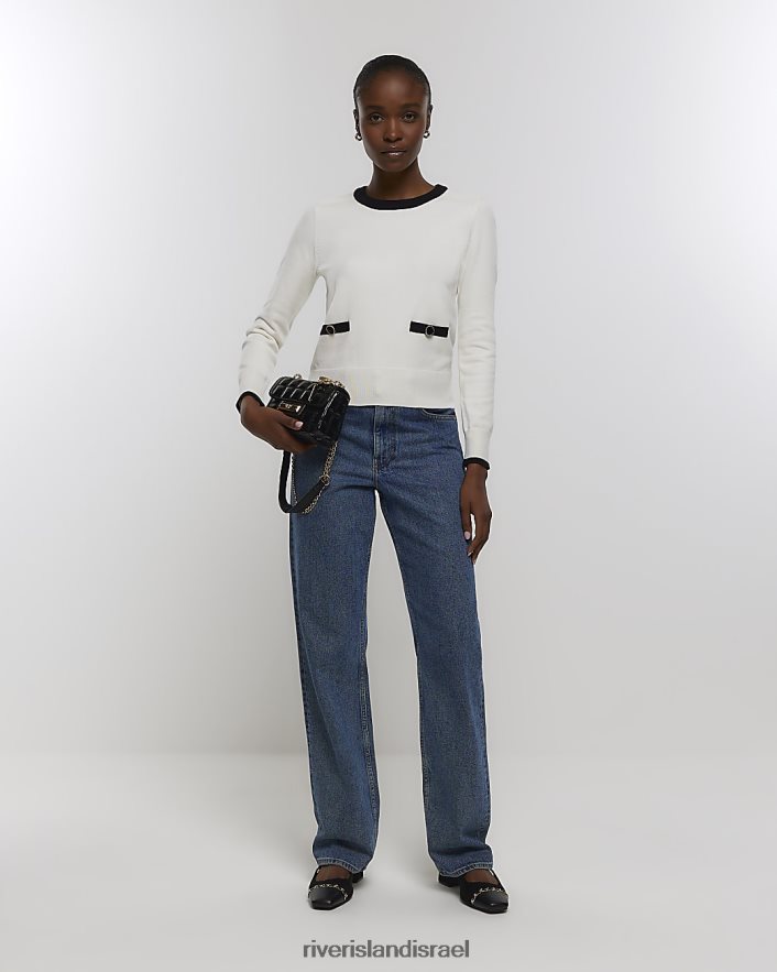 לבוש River Island עליונית סרוגה עם שרוול ארוך קרם נשים BDZ4084480