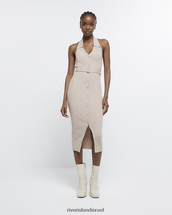 לבוש River Island שמלת מידי עם חגורת צלעות בז' נשים BDZ4084496