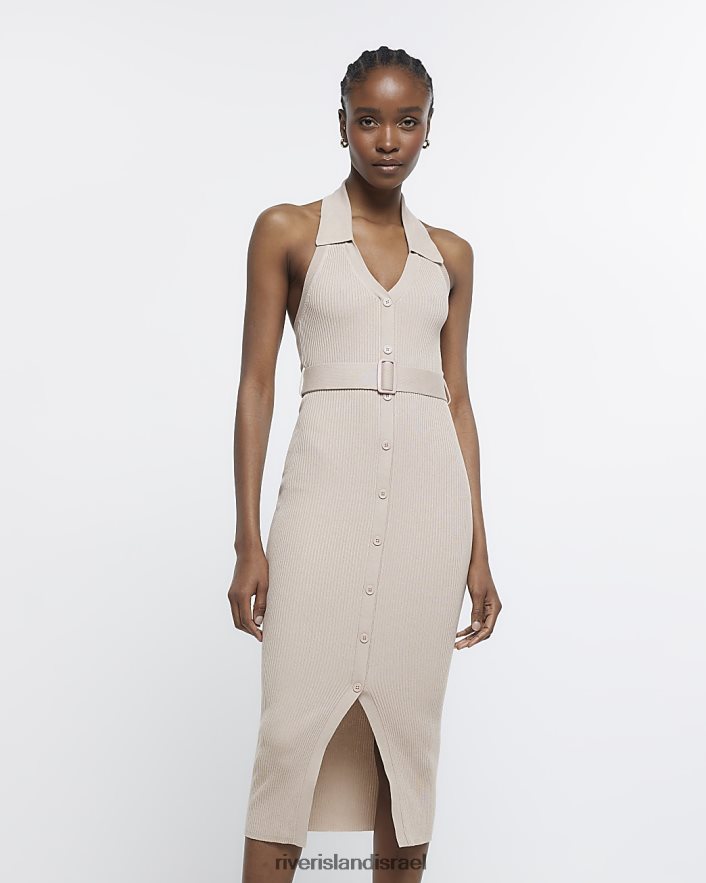 לבוש River Island שמלת מידי עם חגורת צלעות בז' נשים BDZ4084496
