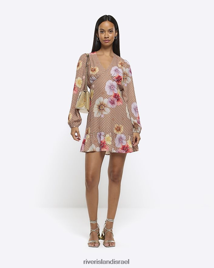 לבוש River Island שמלת מיני בהדפס פרחים חום נשים BDZ4084499