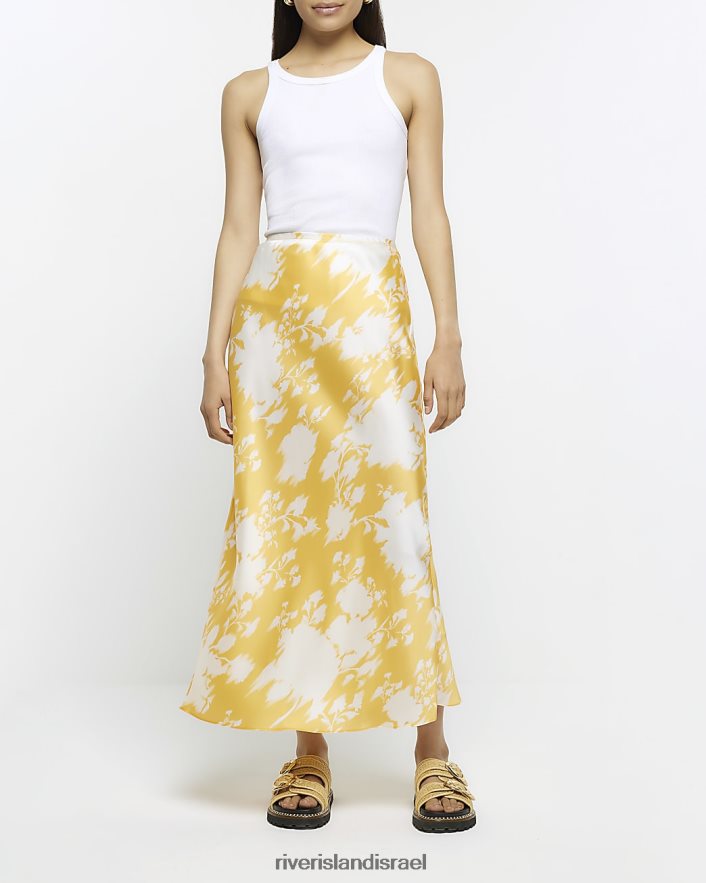 לבוש River Island חצאית מקסי סאטן פרחונית תפוז נשים BDZ40845