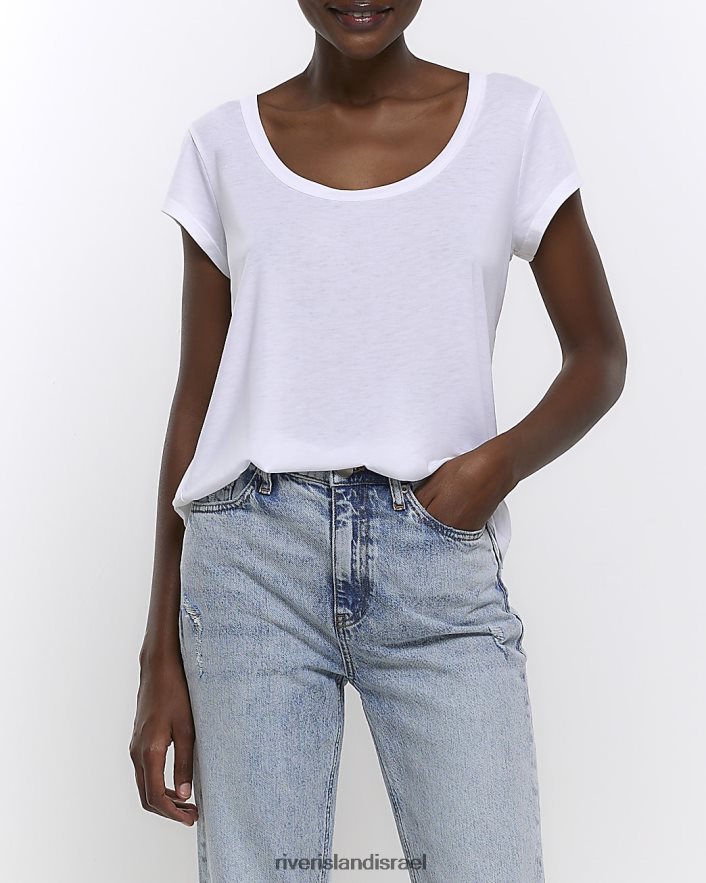 לבוש River Island חולצת טריקו עם צווארון סקופ לבן נשים BDZ4084507