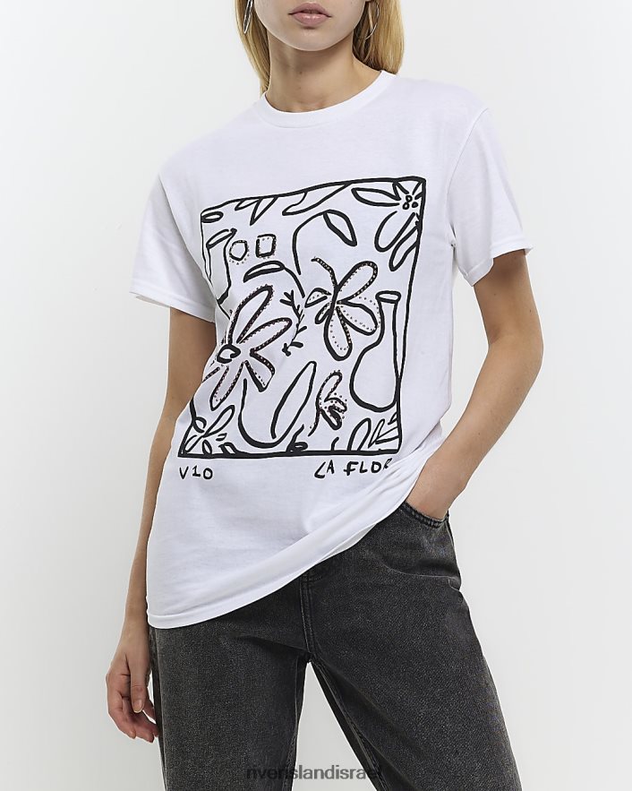 לבוש River Island חולצה בהדפס גרפי לבן נשים BDZ4084519