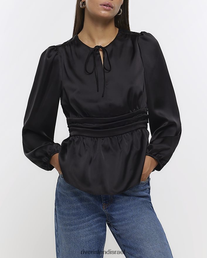 לבוש River Island חולצת סאטן עם שרוולים ארוכים שָׁחוֹר נשים BDZ4084539