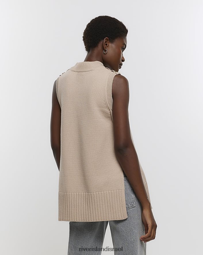לבוש River Island גופייה סרוגה מכפלת מפוצלת בז' נשים BDZ4084541
