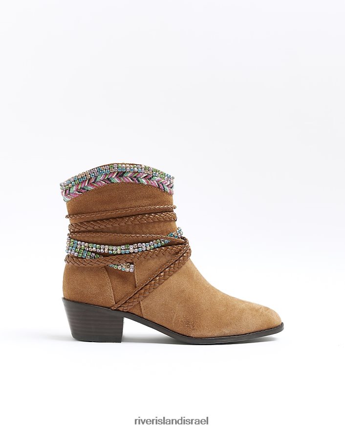 הַנעָלָה River Island מגפיים מערביים מקושטים מזמש חום נשים BDZ4084553