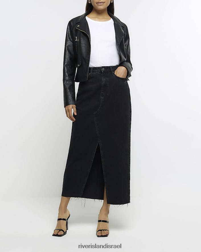לבוש River Island חצאית מידי ג'ינס מפוצלת קדמית שָׁחוֹר נשים BDZ4084569
