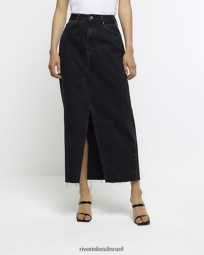 לבוש River Island חצאית מידי ג'ינס מפוצלת קדמית שָׁחוֹר נשים BDZ4084569