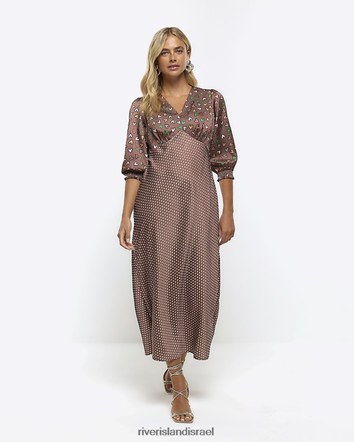 לבוש River Island שמלת מקסי ספוט סאטן חום נשים BDZ4084577
